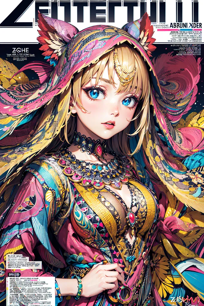 The image is a digital painting of a beautiful woman with long, flowing blonde hair and blue eyes. She is wearing a colorful and intricate outfit with a plunging neckline and a high collar. The outfit is adorned with various jewels and accessories, including a large necklace, earrings, and a headpiece. The woman's expression is one of confidence and allure. The background is a blur of color and light.