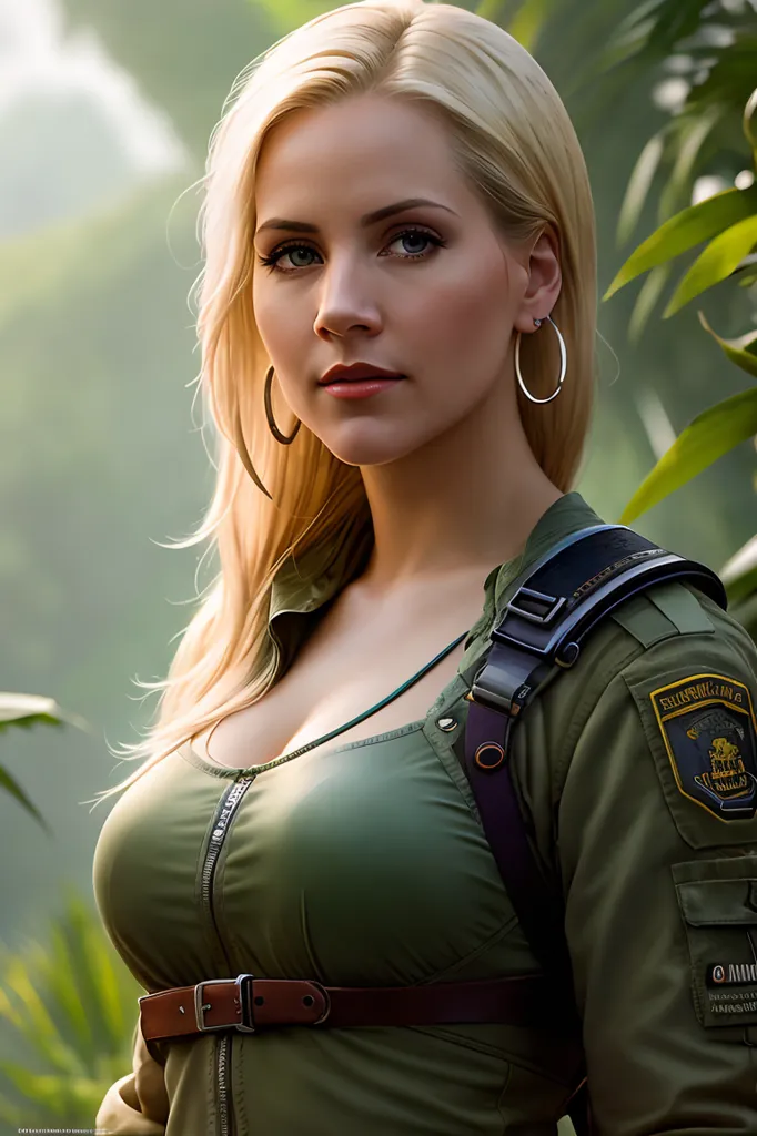 The image shows a beautiful woman with long blonde hair and blue eyes. She is wearing a green military-style jacket with a brown belt and a badge on her shoulder. The jacket is unzipped, revealing a black top underneath. She is also wearing a brown holster on her right hip. She has a serious expression on her face and is looking at the camera. She is standing in a jungle setting with green leaves in the background.