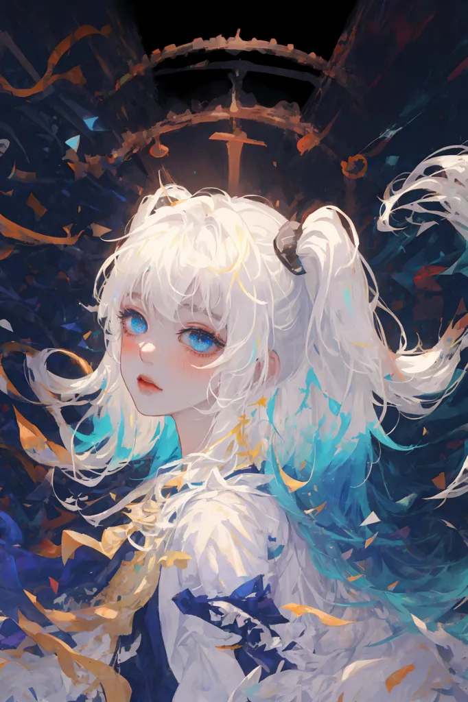 The image is a painting of a young woman with white hair and blue eyes. She is wearing a white dress with a blue sash. Her hair is done up in two pigtails and she has a small crown on her head. She is standing in front of a dark background with a glowing clock behind her. The painting is done in a realistic style and the woman's expression is one of calm serenity.