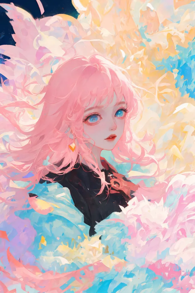 La imagen es una pintura de una mujer joven con el cabello rosa. Lleva un vestido negro con un cuello blanco. El fondo es un patrón abstracto y colorido. Los ojos de la mujer son azules y sus labios están ligeramente entreabiertos. Mira al espectador con una expresión serena. La pintura está hecha en un estilo realista y los colores son vibrantes y saturados.