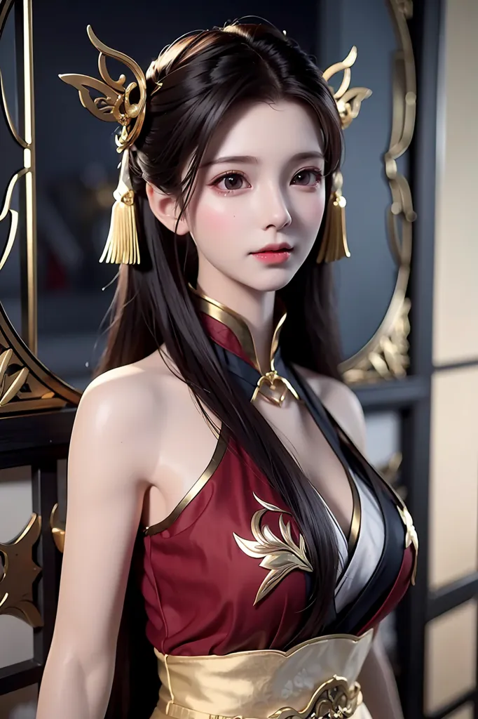 The image shows a young woman with long black hair and brown eyes. She is wearing a red and gold cheongsam-style dress with a high collar and a long slit at the front. The dress is trimmed with gold and has a floral pattern. She is also wearing a gold necklace and earrings. Her hair is styled in a bun with two long strands hanging down in front. She has a serene expression on her face.