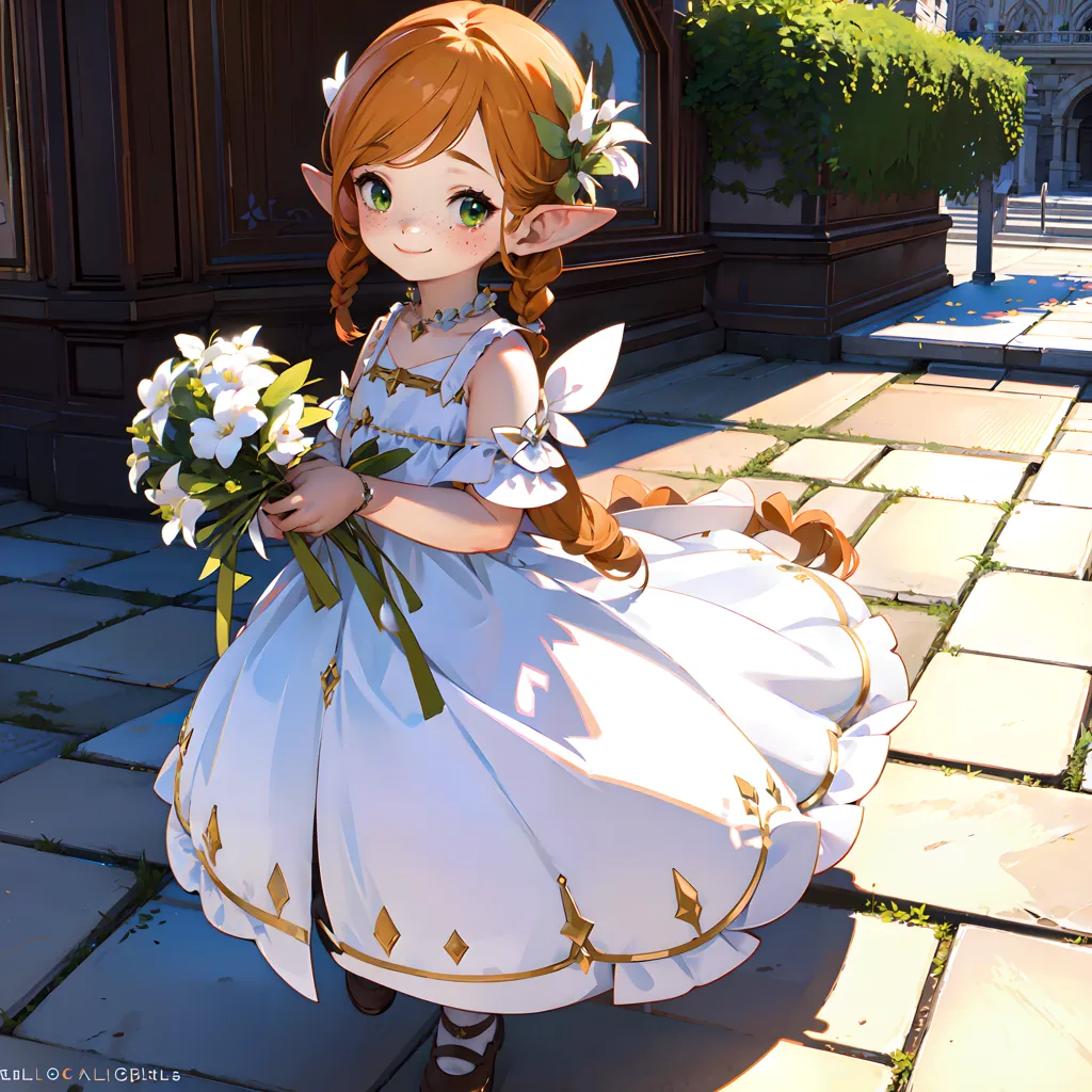 Esta imagen muestra a una chica elfa de estilo anime con el cabello naranja largo y ojos verdes. Lleva un vestido blanco con adornos dorados y lleva un ramo de flores blancas. Está de pie en un patio de piedra, rodeada de edificios.