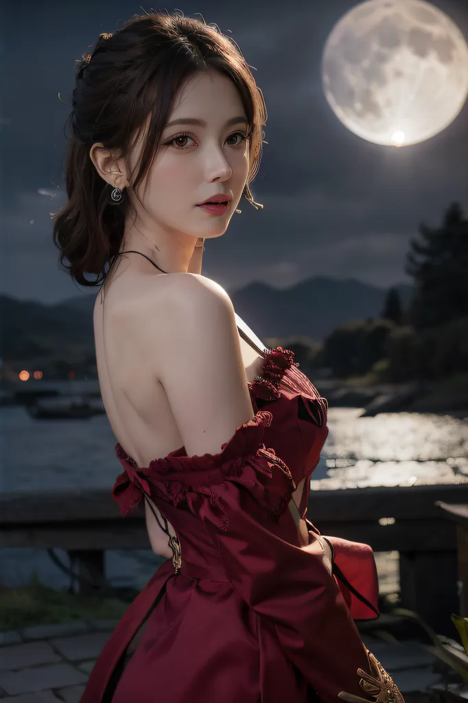 The image is a portrait of a beautiful young woman with long brown hair. She is wearing a red dress with a sweetheart neckline and off-the-shoulder sleeves. The dress is trimmed with gold lace and has a long train. The woman is standing in front of a dark background with a full moon in the distance. She is looking at the viewer with a serious expression.