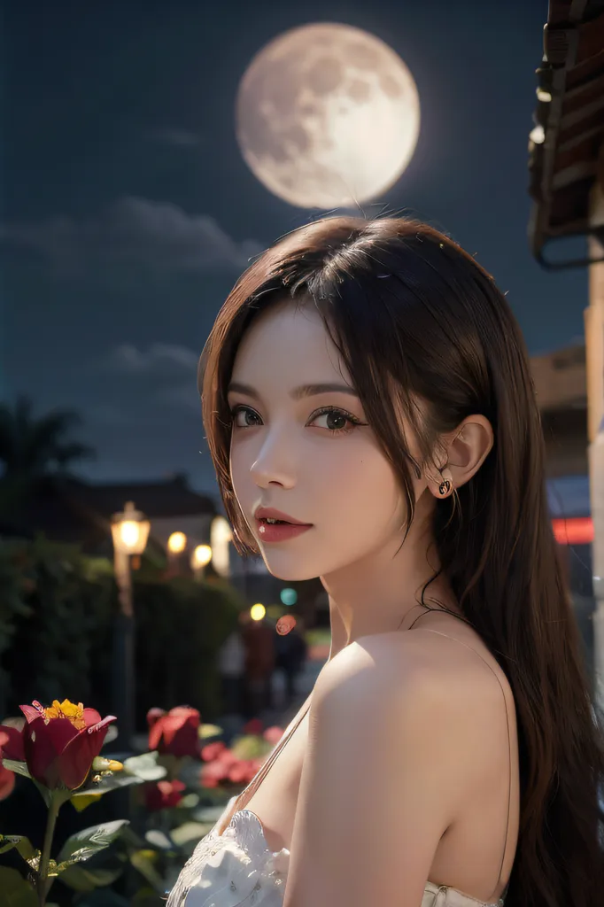 The image is a portrait of a young woman with long, dark hair. She is wearing a white dress with a sweetheart neckline. The woman is standing in a garden, with a large moon in the background. The moon is surrounded by clouds. The woman is looking at the camera with a serene expression on her face.