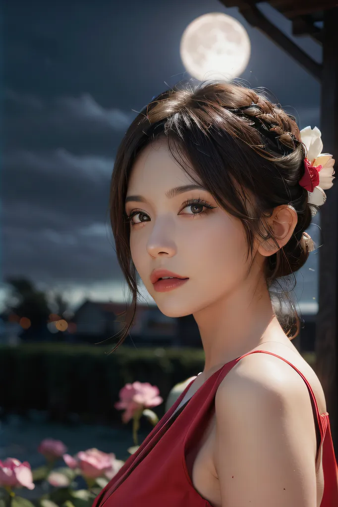 The image shows a young woman with long dark hair and brown eyes. She is wearing a red dress and has a flower in her hair. She is standing in front of a dark background with a full moon in the sky. The woman is looking at the camera with a serious expression.