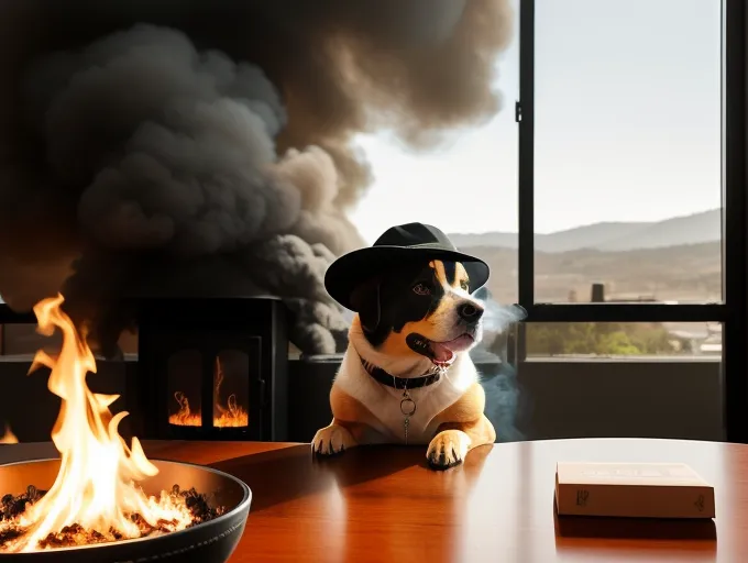 The image shows a dog wearing a hat and smoking a cigar. The dog is sitting at a conference table in an office. There is a fire burning in the fireplace behind the dog. There is smoke billowing in the air. There is a book on the table. The dog is looking out the window. The window is showing a view of a city.