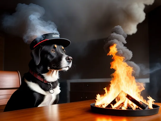 Um cachorro usando um chapéu está sentado em uma mesa. Há um fogo queimando em um recipiente de metal sobre a mesa. O cachorro está olhando para longe do fogo. Há fumaça subindo do fogo. O cachorro tem uma expressão séria em seu rosto. Ele está usando um chapéu de bombeiro e há um emblema de bombeiro em seu colar.