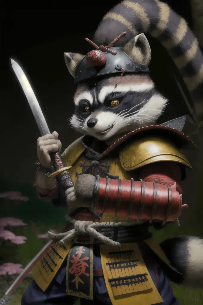 A imagem é um retrato de um guaxinim vestido como um samurai. O guaxinim está usando uma armadura e um capacete, e está segurando uma espada. O fundo é um borrão de flores de cerejeira.