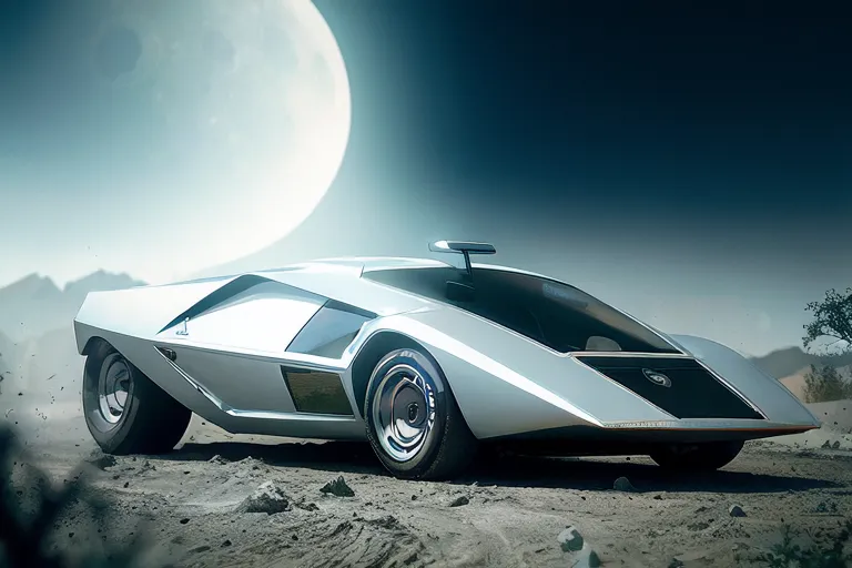 A imagem mostra um carro futurista branco em uma paisagem rochosa de lua ou planeta desértico, com uma grande lua ou planeta ao fundo. O carro é elegante e tem um longo capô.