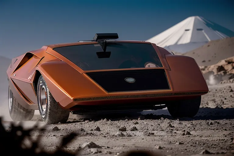 The image shows a brown and black car with a large windshield and a small body. It is driving on a rocky road with a large snow-capped mountain in the distance. The car is a Lancia Stratos HF Zero, a concept car designed by Marcello Gandini for Lancia in 1970.