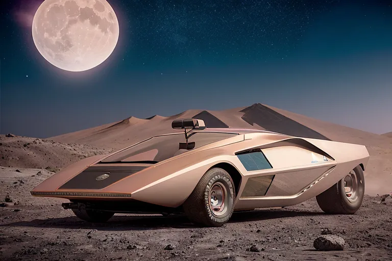 A imagem mostra um carro futurista no deserto, com uma lua cheia ao fundo. O carro é marrom e tem um design longo e elegante. Ele está parado em uma superfície rochosa, com dunas de areia ao fundo. A lua é grande e laranja, e o céu é azul escuro. O carro é um carro conceito projetado pela Bertone em 1971. Ele se chamava Lancia Stratos Zero e nunca foi colocado em produção.