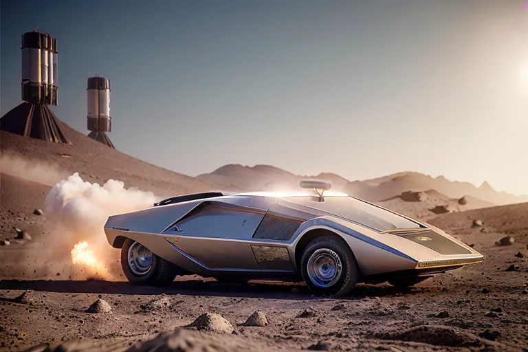 L'image montre une voiture de sport argentée roulant sur une planète désertique rocheuse. La voiture est au premier plan et est entourée de gros rochers et de montagnes. Il y a deux grands bâtiments à l'arrière-plan. Le ciel est orange et il y a des nuages à l'horizon. La voiture roule vite et de la fumée sort de l'arrière de la voiture.