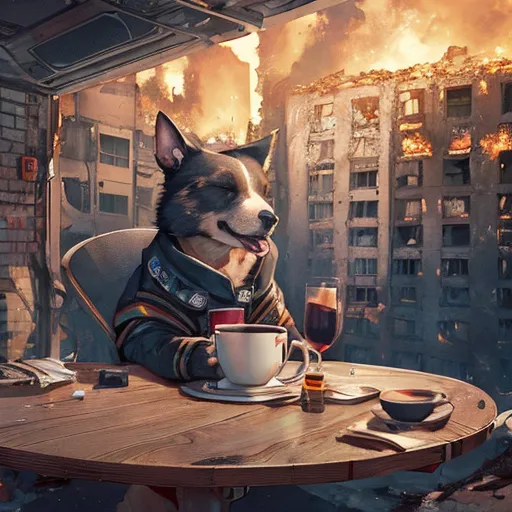 The image shows a dog wearing a firefighter's uniform sitting at a table and drinking coffee. The dog is sitting in a ruined building, and there is a fire burning in the background. The dog is wearing a firefighter's hat and a firefighter's jacket. The dog is also wearing a pair of sunglasses. The dog is sitting at a table that is covered with a tablecloth. On the table is a cup of coffee and a glass of wine. The dog is holding the cup of coffee with its paw. The dog is looking at the camera.