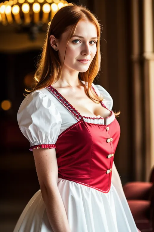 The image shows a young woman in a red and white dress with a sweetheart neckline and puffy sleeves. The bodice of the dress is red with silver buttons down the front and white lace trim at the top. The skirt of the dress is white with a ruffled hem. The woman has long red hair and blue eyes. She is wearing a silver necklace and earrings. She is standing in a large room with a chandelier in the background.