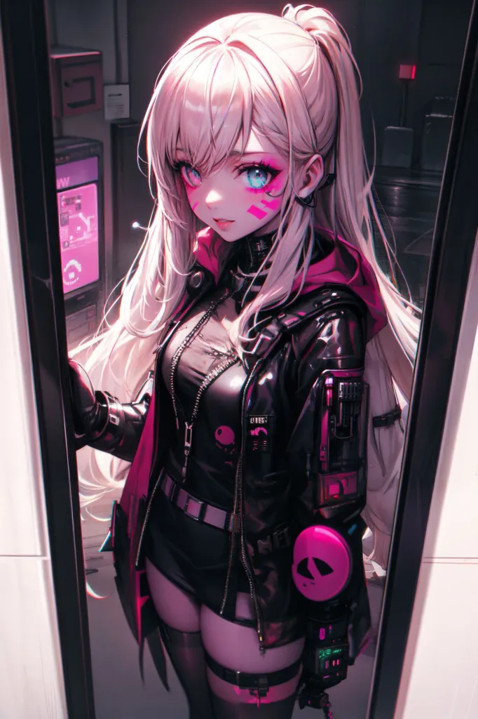 The image is a digital painting of a young woman with pink and white hair. She is wearing a black leather jacket with pink highlights and a black miniskirt. She has a serious expression on her face and is looking at the viewer. She is standing in front of a door with her left hand on the handle.