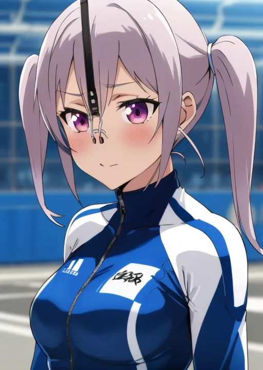 The image shows a young girl with purple hair and purple eyes. She is wearing a blue and white tracksuit. The girl is looking at the viewer with a slightly embarrassed expression on her face. She has a small mole on her left cheek.