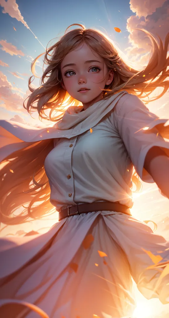 The image is of a beautiful young woman with long blond hair and blue eyes. She is wearing a white dress with a brown belt. The sun is setting behind her and the sky is a bright orange. The woman is standing in a field of flowers and there are autumn leaves blowing in the wind.