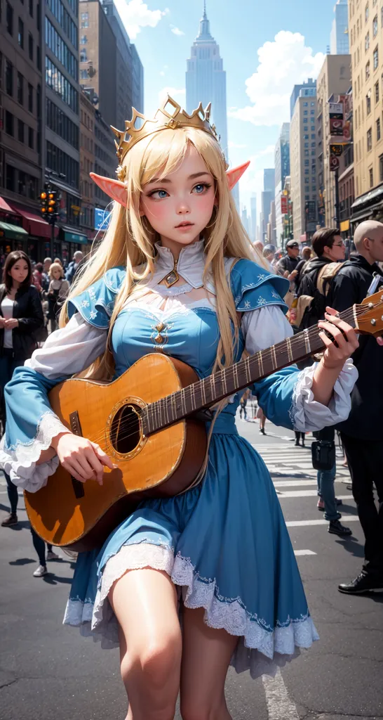 The image shows a young woman with long blonde hair, pointed ears, and blue eyes. She is wearing a blue dress with a white collar and a golden crown. She is also carrying a guitar. The woman is standing in a busy street with people walking on either side of her. There are buildings in the background and a blue sky with white clouds overhead.