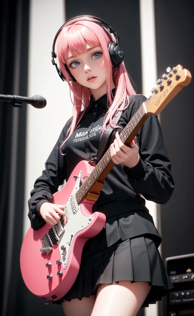 The image shows a young woman with pink hair playing an electric guitar. She is wearing a black shirt, a gray skirt, and headphones. She is standing in front of a microphone. The background is blurred.