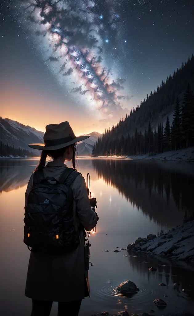 The image shows a woman standing on the shore of a lake, looking out at the night sky. The sky is full of stars and the Milky Way is clearly visible. The woman is wearing a hat and a backpack and is holding a flashlight. The lake is calm and still and the trees on the shore are reflected in the water. The overall effect is one of peace and tranquility.