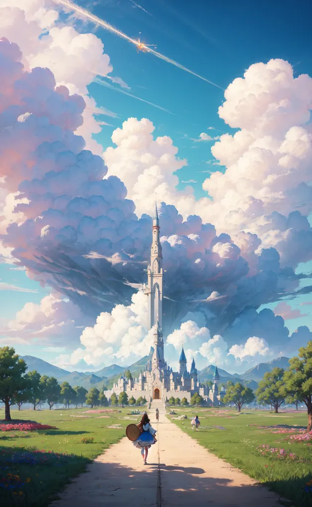 The image is of a tall tower in the distance with a large castle behind it. The tower is surrounded by clouds and there is a long path leading up to it. There are two people walking up the path towards the tower. One person is further ahead and the other is behind. The person in the back is wearing a blue cape and the person in the front is wearing a white dress.