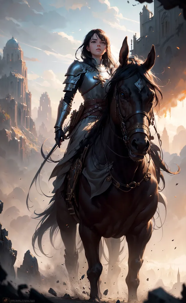 The image is of a female knight riding a black horse. She is wearing silver armor and a white cape. The horse is wearing black armor. They are riding in front of a ruined city. The sky is cloudy and there are two birds flying in the background.