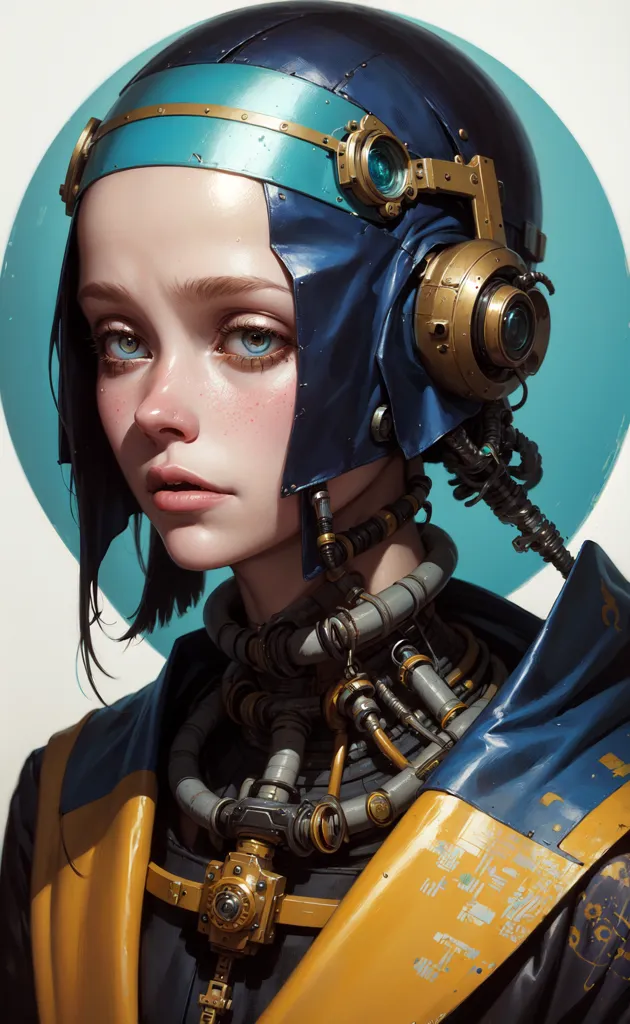 A imagem mostra uma mulher jovem com cabelo azul curto. Ela está usando um capacete azul e dourado com muitos fios e tubos saindo dele. Ela também está usando um casaco amarelo e preto. O fundo é branco com um círculo azul no canto superior esquerdo.