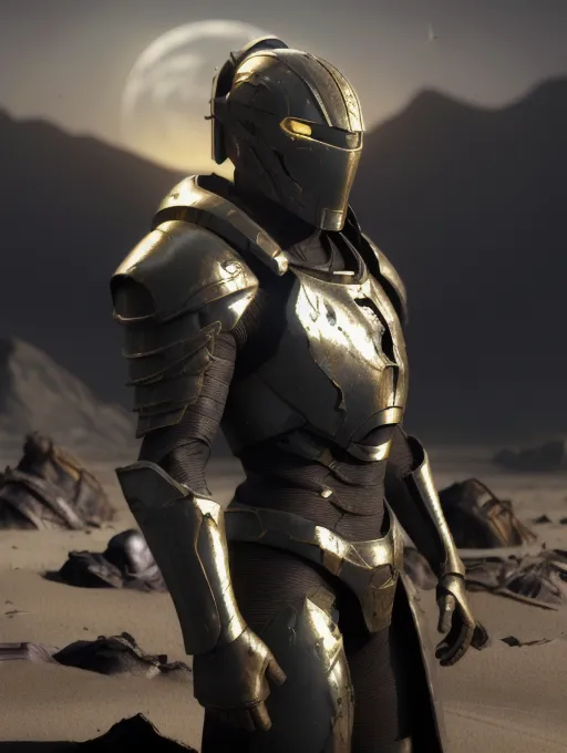 The image shows a tall, muscular man standing in a desert landscape. He is wearing a suit of futuristic armor that is black and gold. The armor has a helmet with a visor, and a chest plate with a large golden eagle emblazoned on it. The man is also wearing a pair of boots and gloves. He is standing in a relaxed pose, with his arms at his sides. The background of the image is a desert, with a large moon in the sky.