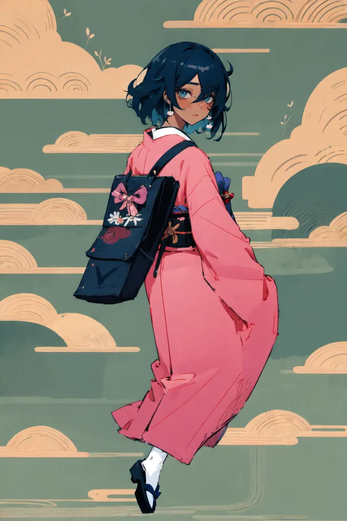 This is an image of a young woman wearing a kimono. She has blue hair and brown eyes. She is carrying a black bag with a pink bow on it. The background is light pink with white clouds. She is turned away from the viewer but looking back over her shoulder.