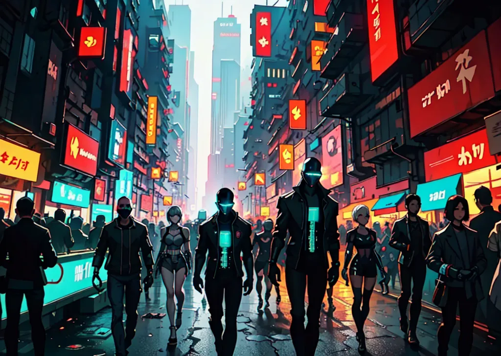 La imagen muestra a un grupo de personas caminando por una calle en una ciudad futurista. Las personas llevan todas ropa negra y tienen cubiertos los rostros. La calle está flanqueada por altos edificios y letreros de neón. Hay personas de pie en la calle a ambos lados del grupo. La imagen es oscura y tiene un tinte azulado.