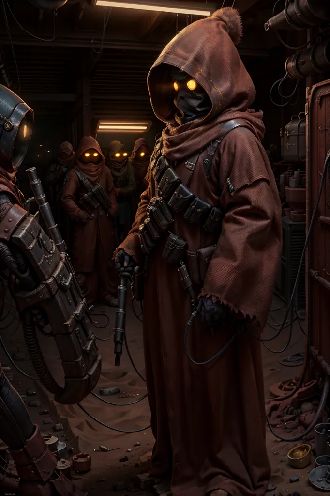 The image shows a group of Jawas in a dark room. They are all wearing brown robes and have glowing yellow eyes. They are armed with various weapons, including a large gun. The Jawas are standing in front of a large machine. There are also some crates and other objects in the room.