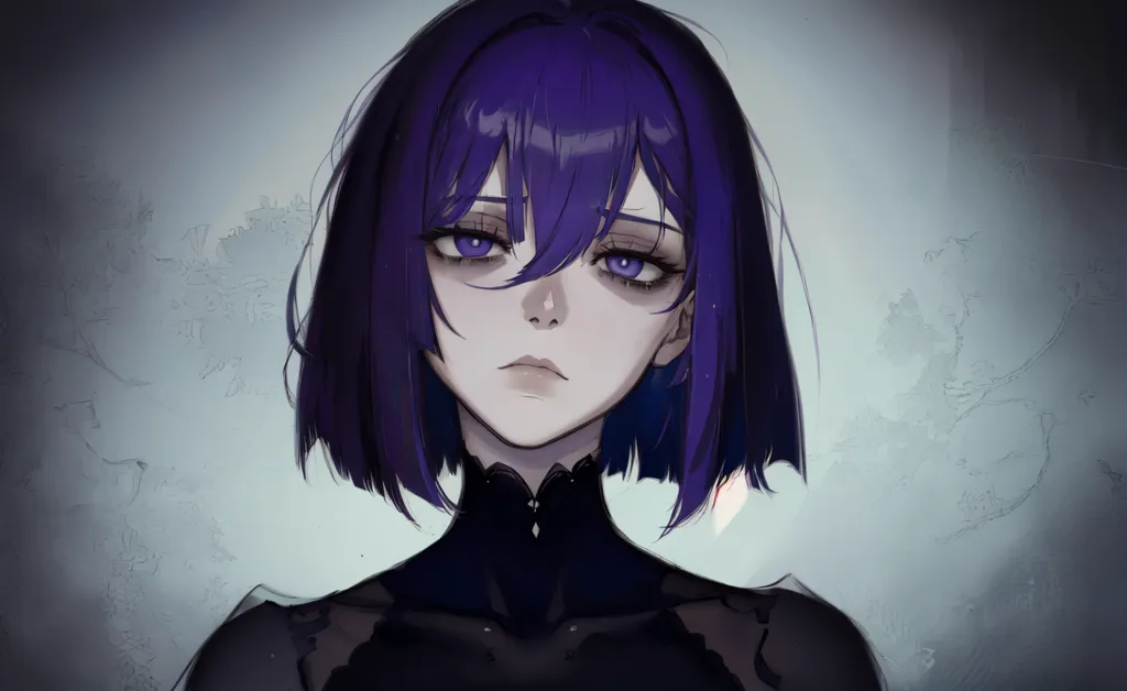 The image is a digital painting of a young woman with purple hair and purple eyes. She is wearing a black dress with a high collar. Her hair is short and straight, and her eyes are downcast. She has a sad expression on her face. The background is a dark, neutral color.