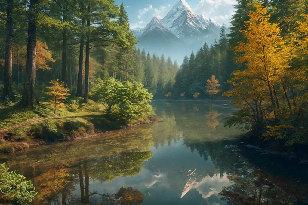 A imagem é uma bela paisagem de um lago de montanha no outono. O céu está azul com nuvens esfumaçadas e o lago é cercado por árvores verdes, amarelas e laranjas. Há uma montanha coberta de neve ao fundo e uma pequena cachoeira no lado direito da imagem. O chão é coberto de musgo e há algumas rochas em primeiro plano. O efeito geral da imagem é de paz e tranquilidade.