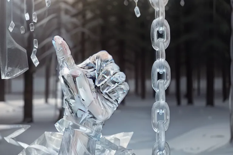 The image is a 3D rendering of a hand made of ice. The hand is giving a thumbs-up. There is a chain next to the hand. The background is a blurred forest. The hand is in focus and looks realistic. The image is well-lit and the colors are vibrant.