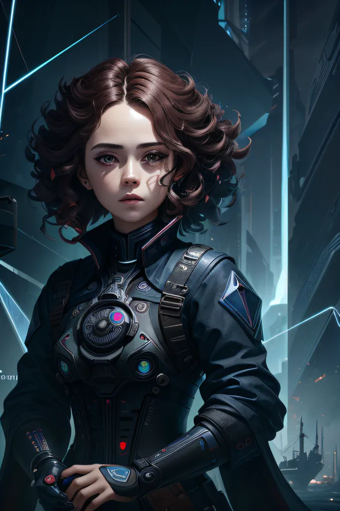 This is an image of a young woman standing in a dark, futuristic city. She is wearing a black leather jacket and a white shirt. She has brown hair and blue eyes. She is looking at the viewer with a serious expression. There are blue lights in the background of the image.