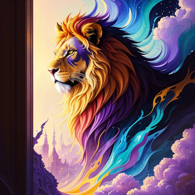 The image is a digital painting of a lion. The lion is shown in profile, with its head turned to the left of the viewer. The lion's mane is a rainbow of colors, with yellows, blues, and purples. The lion's eyes are a deep blue, and its nose is black. The background of the image is a dark blue night sky, with clouds of various colors. There is a castle in the background. The image is very detailed, and the artist has used a variety of techniques to create a realistic and eye-catching image.