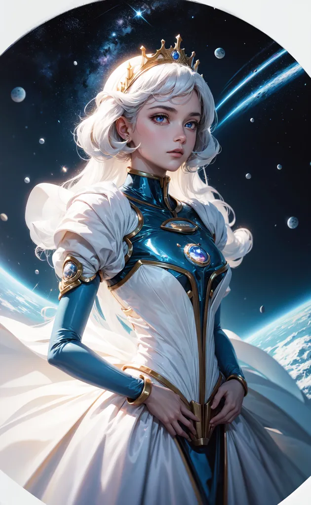 Esta es una imagen de una mujer que parece ser una reina o princesa. Lleva un vestido blanco y plateado con una banda azul y una corona de oro. Tiene el cabello largo y blanco y ojos azules. Está de pie frente a un fondo azul con estrellas y planetas. Hay un gran planeta blanco en el fondo.