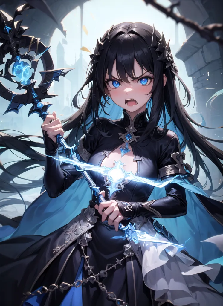The image is of a young woman with long black hair and blue eyes. She is wearing a black and blue dress with a white collar. She is also wearing a necklace with a blue gem in the center. She is holding a staff in her right hand and a sword in her left hand. She has a determined expression on her face and it looks like she is ready to fight. There are ruins in the background.