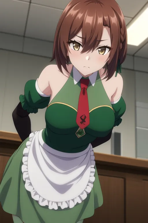 The image shows a young woman with brown hair and yellow eyes. She is wearing a green dress with a white apron. The dress has a collar and a red tie. She is also wearing black gloves. She is standing in a room with a wooden floor and a white wall. There is a table behind her. The woman is looking at the viewer with a serious expression.