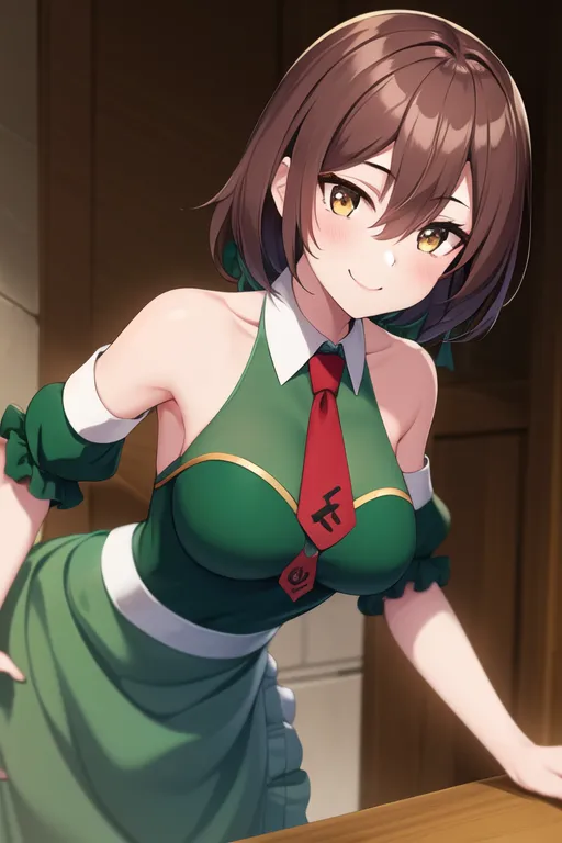 The image shows an anime-style girl with brown hair and yellow eyes. She is wearing a green dress with a white collar and a red tie. She is also wearing a white apron. The girl is smiling and has a happy expression on her face. She is standing in a room with a wooden table in the foreground. The background is blurry, but it looks like there is a door behind her.