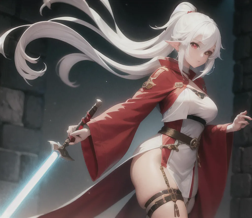 The image is of a beautiful anime girl with long white hair and red eyes. She is wearing a white and red kimono-style outfit and is holding a sword in her right hand. She has a determined expression on her face and is standing in a fighting stance. The background is a dark stone wall.