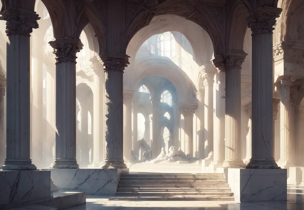 L'image représente un long couloir avec un plafond élevé. Le couloir est bordé de colonnes et il y a un escalier menant à une grande porte au bout du couloir. Les colonnes sont en marbre blanc et les murs sont en pierre grise clair. Le sol est en carreaux de marbre noir et blanc. Le plafond est à caissons et il y a plusieurs grands lustres suspendus. L'image est très détaillée et réaliste.