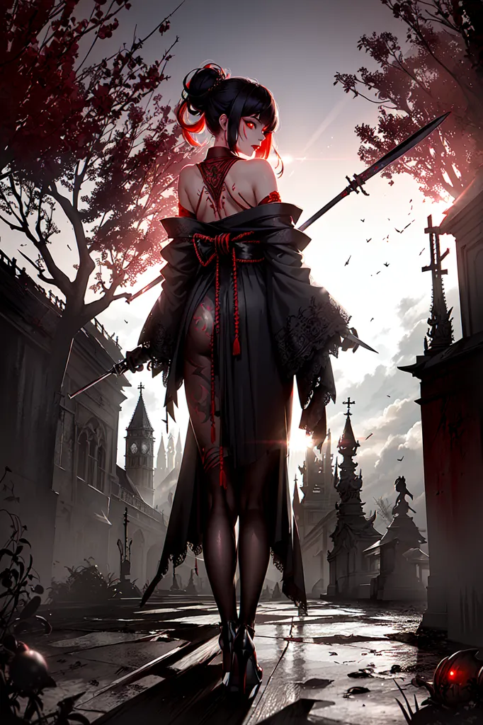 The image is a dark and moody painting of a woman standing in a ruined city. The woman is dressed in a black kimono and has long black hair. She is carrying a naginata, a type of Japanese spear. The city is in ruins, with broken buildings and overgrown plants. The sky is dark and cloudy, and there is a hint of red in the clouds. The woman's expression is one of determination and defiance. She seems to be ready to face whatever challenges come her way.