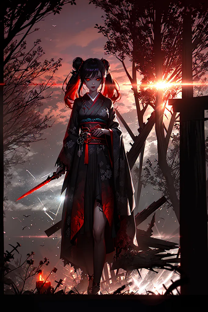 The image is a dark and moody painting of a young woman in a kimono. She is standing in a forest, and there is a bright light in the background. The woman is holding a sword, and she has a determined expression on her face. She is wearing a black kimono with red accents, and her hair is black with red highlights. The background is dark, and there are some trees in the distance. The painting is done in a realistic style, and the artist has used a variety of techniques to create a sense of depth and atmosphere.