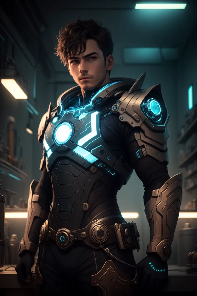 The image shows a young man standing in a dark room. He is wearing a black and gray suit of armor with blue lights glowing on the suit. He has a serious expression on his face. There are shelves and equipment in the background of the room.