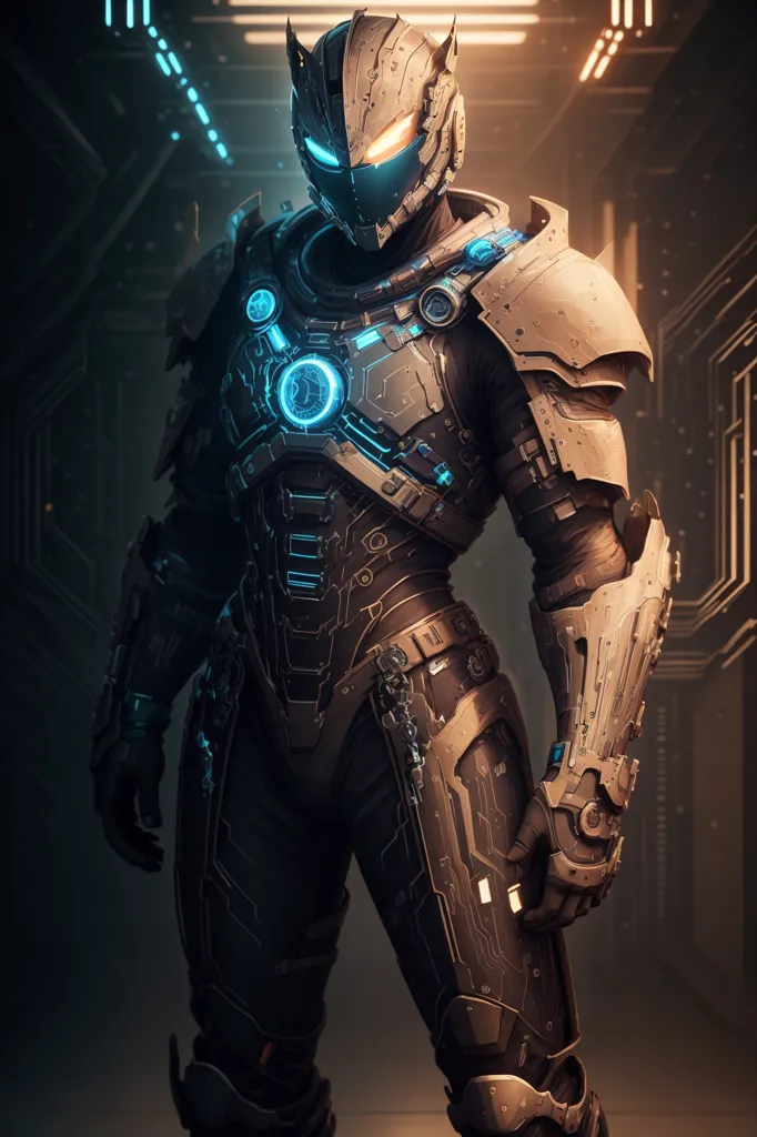 The image shows a man wearing a futuristic suit of armor. The armor is black and gray with blue lights glowing from within. The man's face is not visible, as it is covered by the helmet. The armor has a number of different components, including a chest plate, shoulder pads, and leg guards. The man is also wearing a pair of gloves and boots. He is standing in a dark room.