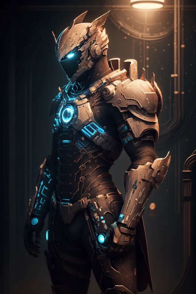 La imagen muestra a un hombre con un traje de armadura futurista. La armadura es de color negro y gris con luces azules que brillan desde el interior. El hombre está de pie en una habitación oscura con una sola fuente de luz que lo ilumina desde la derecha.