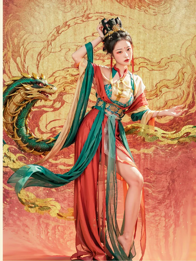 The picture shows a young woman in a red and green dress with a golden belt. The woman has long black hair and is wearing a traditional Chinese headdress. She is standing in front of a golden background with a green dragon. The woman is looking at the camera with a serious expression.