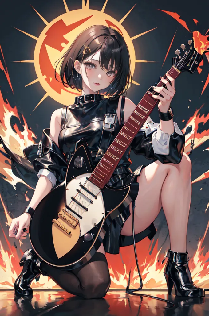 The image is of a young woman with short black hair and brown eyes. She is dressed in a black leather outfit and is playing an electric guitar. The background is a fiery orange and yellow. The woman is sitting on her knees and has a determined expression on her face.