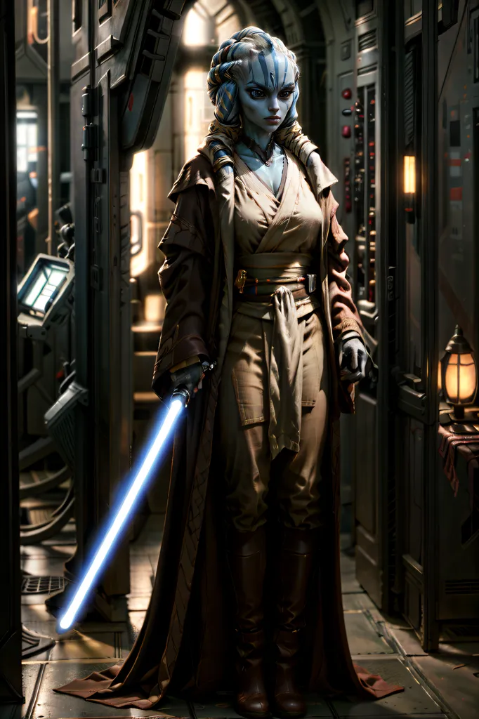 This is an image of a female alien from the planet Mirial. She is a Jedi Knight and is empwielding a blue lightsaber. She is wearing a brown robe and a tan tunic. She has blue skin and white hair. She is standing in a dark hallway with a glowing lantern on the right.